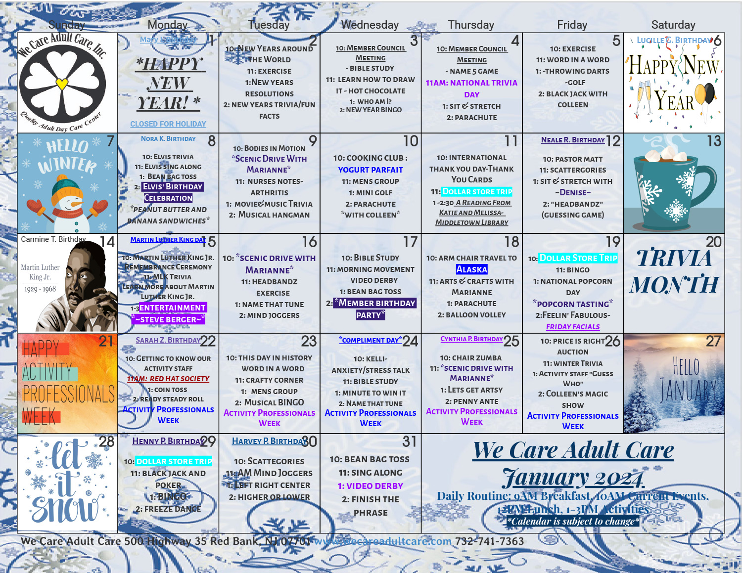 Calendar - We Care Adult Care, Inc.